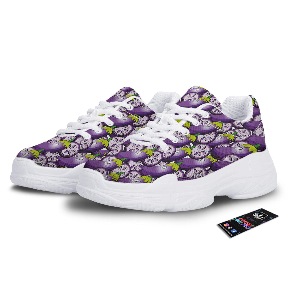 Eggplant Purple Print Pattern White Chunky Shoes-grizzshop