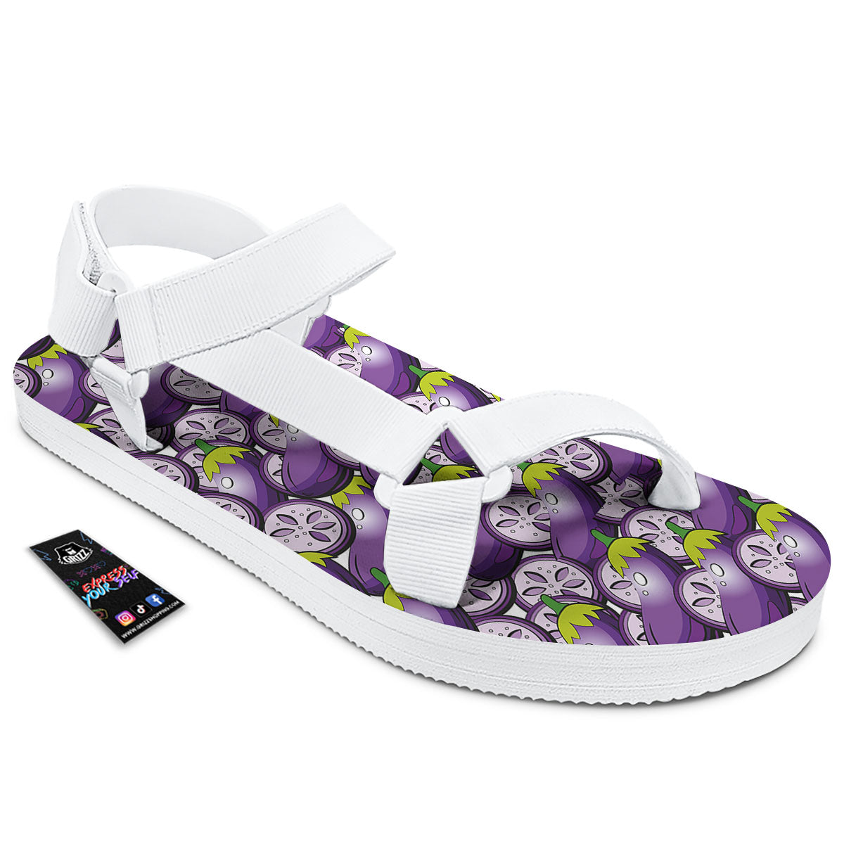 Eggplant Purple Print Pattern White Open Toe Sandals-grizzshop