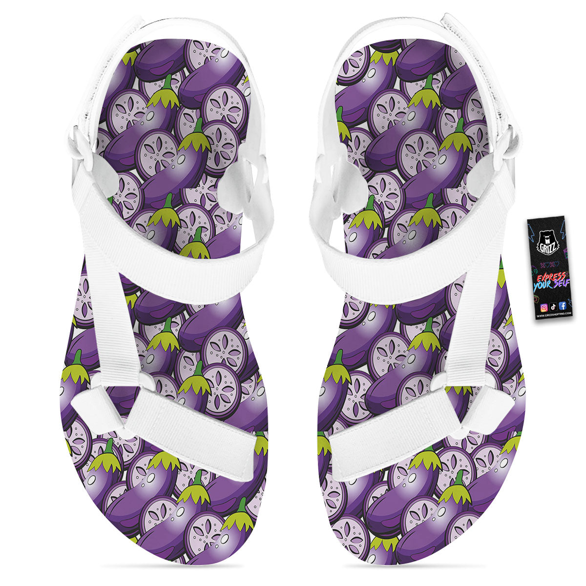 Eggplant Purple Print Pattern White Open Toe Sandals-grizzshop