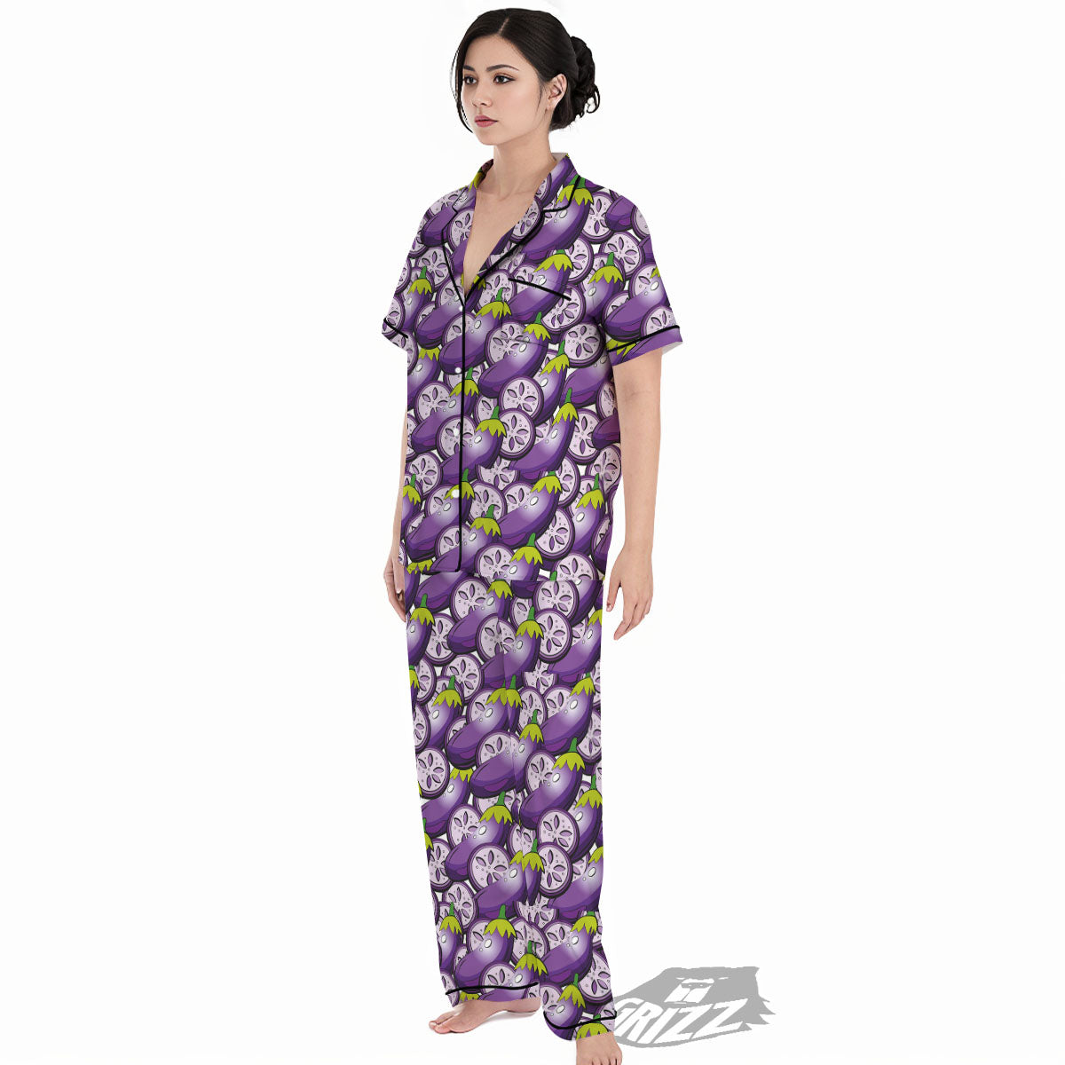 Eggplant Purple Print Pattern Women's Pajamas Set-grizzshop