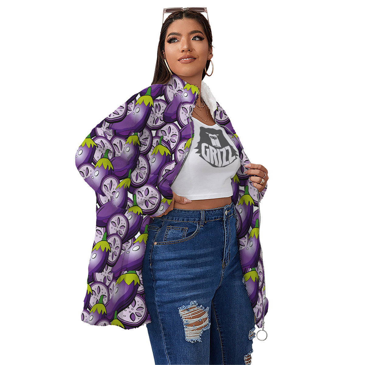Eggplant Purple Print Pattern Women's Sherpa Jacket-grizzshop