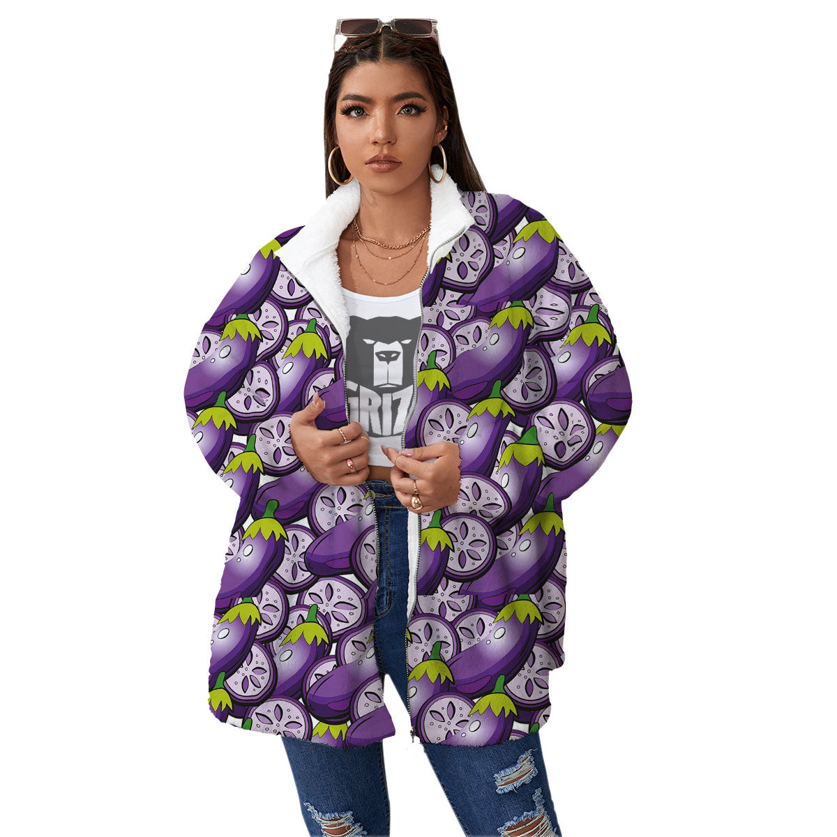 Eggplant Purple Print Pattern Women's Sherpa Jacket-grizzshop