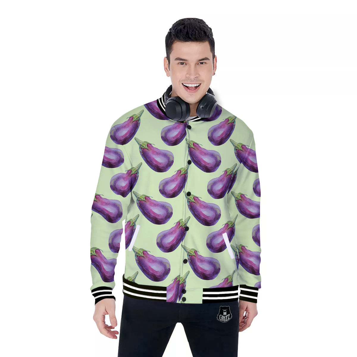Eggplant Watercolor Pattern Baseball Jacket-grizzshop