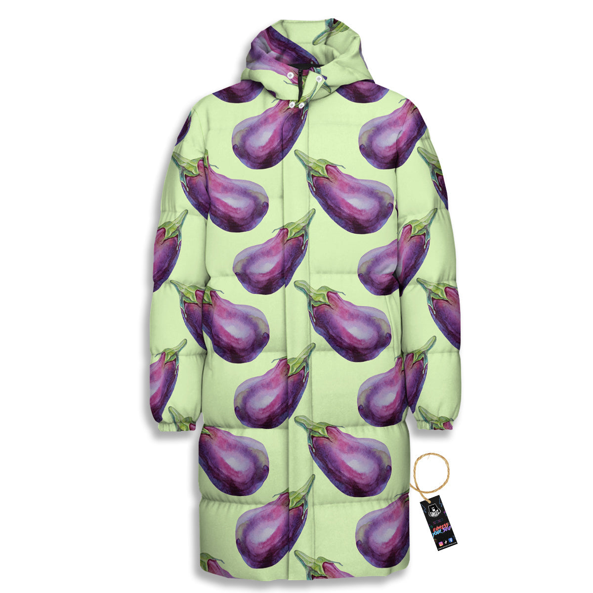 Eggplant Watercolor Pattern Long Down Jacket-grizzshop