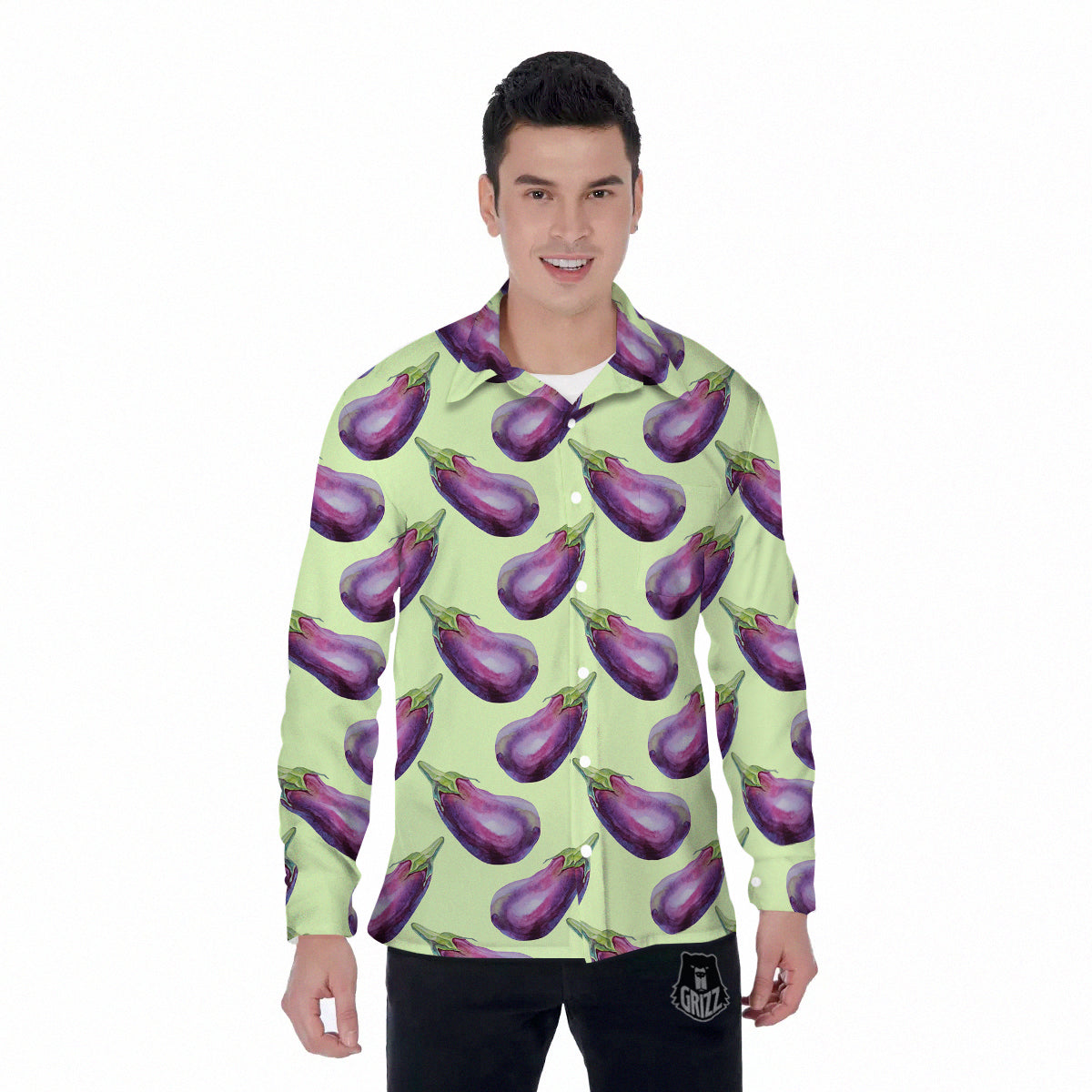 Eggplant Watercolor Pattern Men's Long Sleeve Shirts-grizzshop
