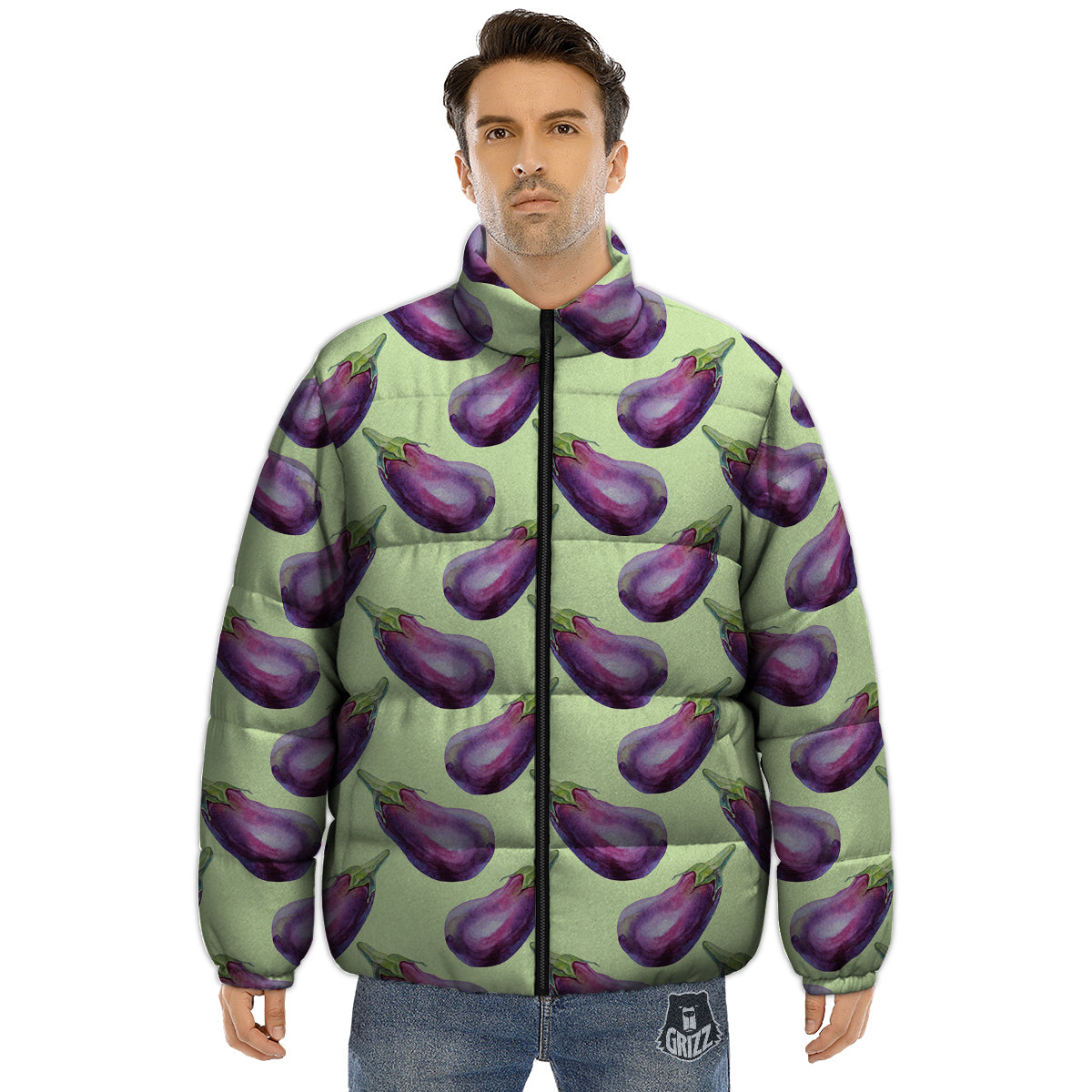 Eggplant Watercolor Pattern Puffer Jacket-grizzshop
