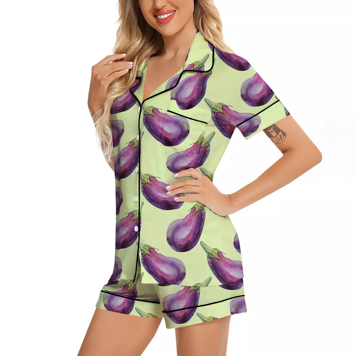 Eggplant Watercolor Pattern Women Silk Pajamas-grizzshop
