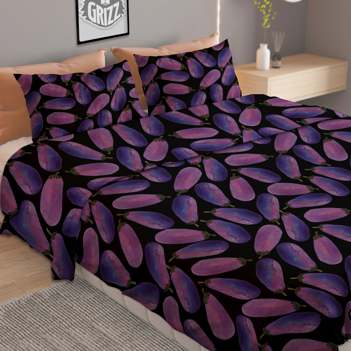 Eggplant Watercolor Print Pattern Duvet Cover Bedding Set