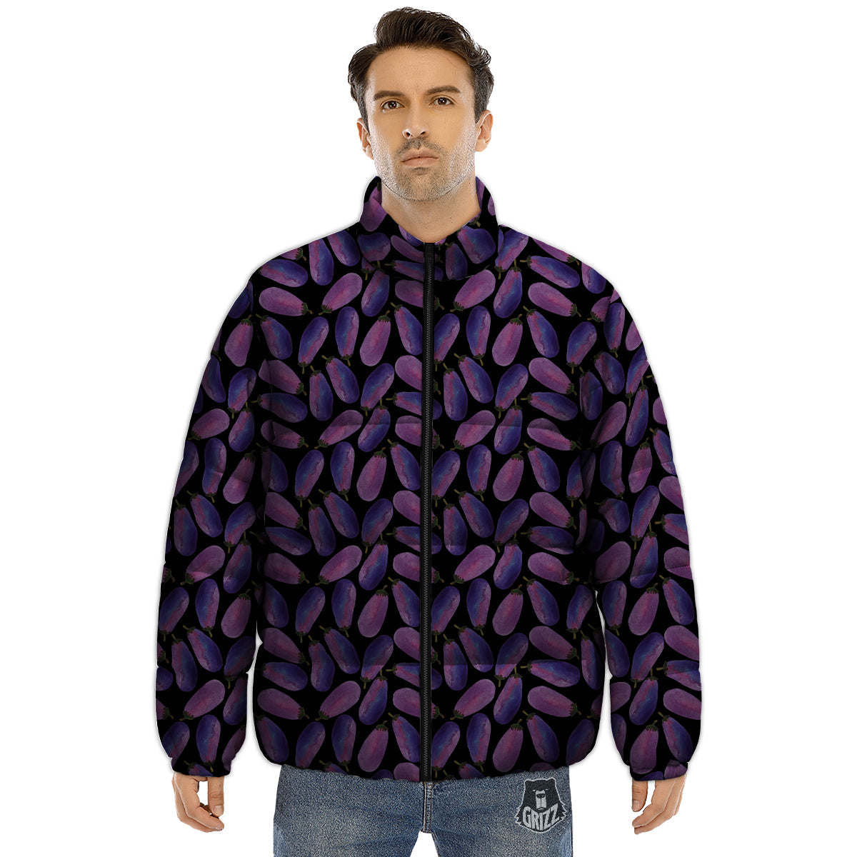 Eggplant Watercolor Print Pattern Puffer Jacket-grizzshop