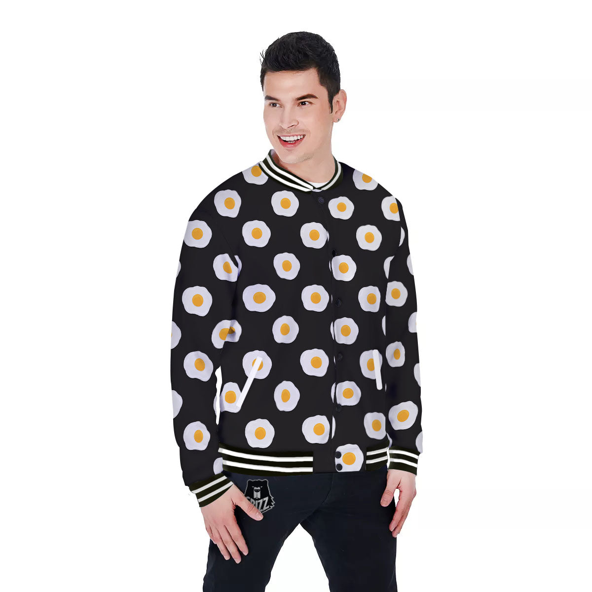 Eggs Black Fried Print Pattern Baseball Jacket-grizzshop