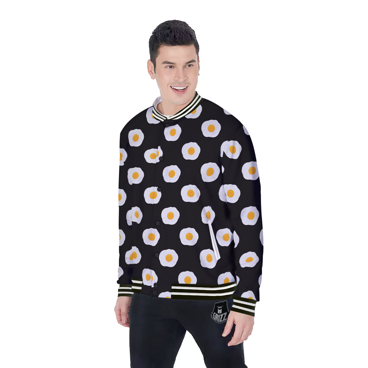 Eggs Black Fried Print Pattern Baseball Jacket-grizzshop