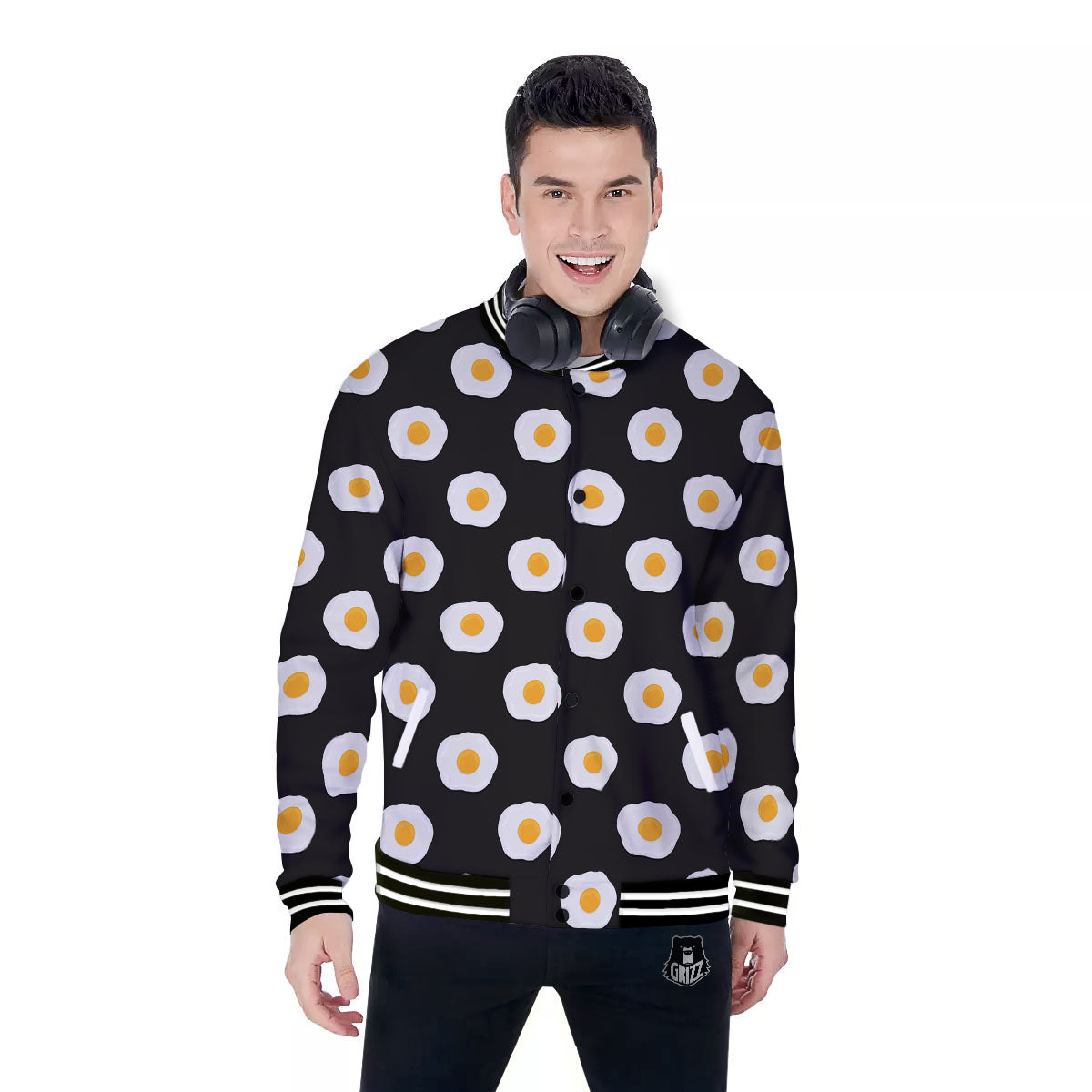 Eggs Black Fried Print Pattern Baseball Jacket-grizzshop