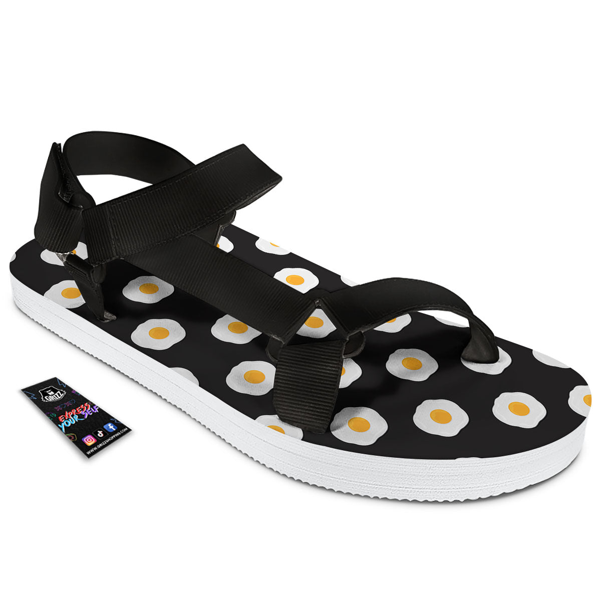 Eggs Black Fried Print Pattern Black Open Toe Sandals-grizzshop