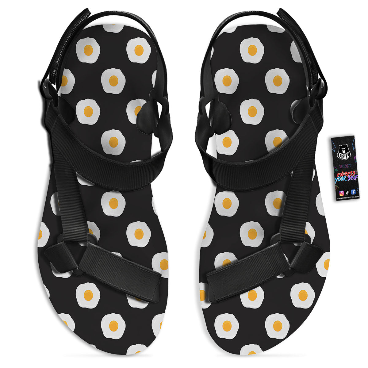 Eggs Black Fried Print Pattern Black Open Toe Sandals-grizzshop