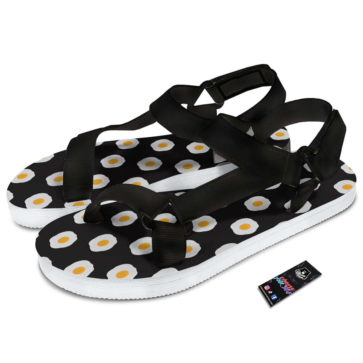 Eggs Black Fried Print Pattern Black Open Toe Sandals-grizzshop