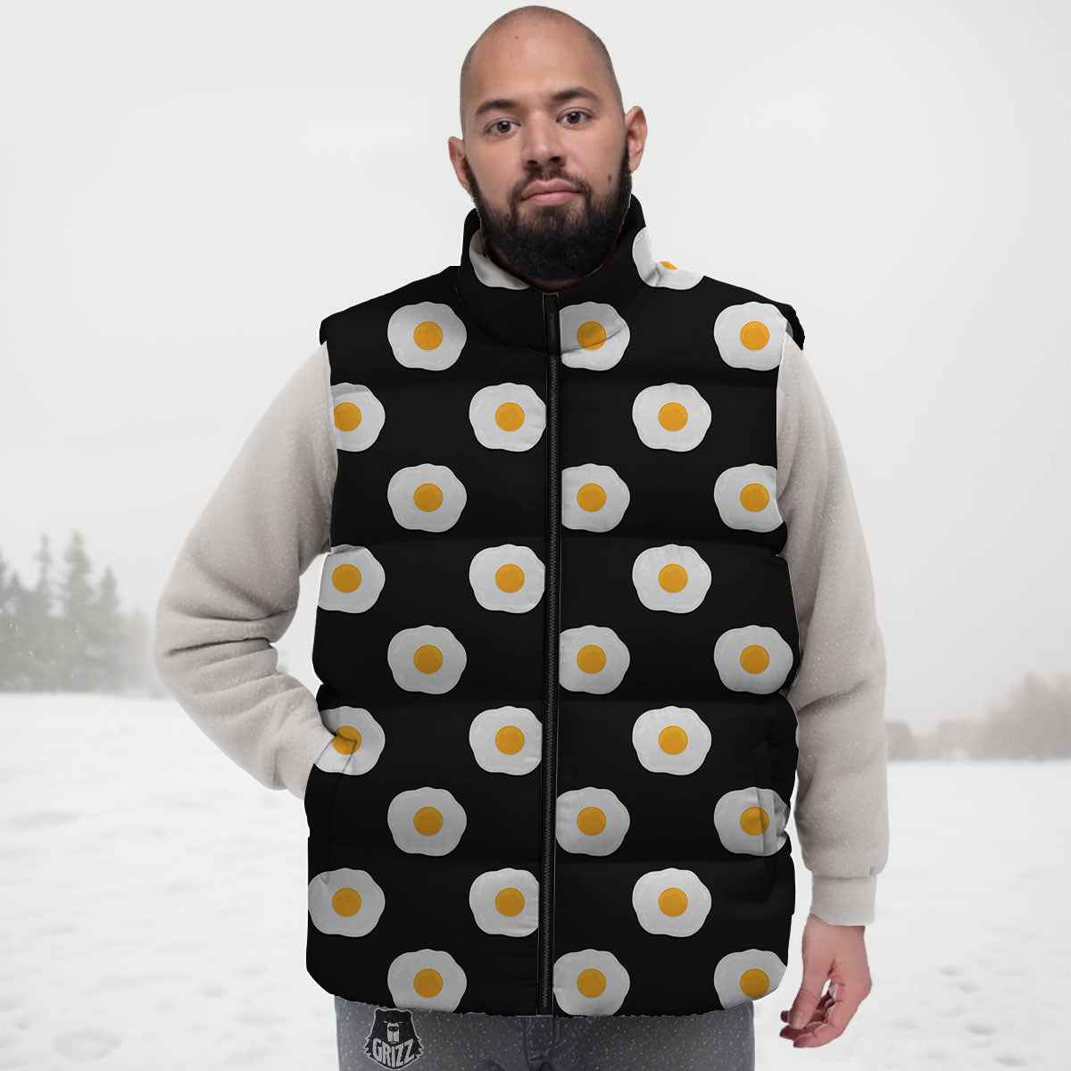 Eggs Black Fried Print Pattern Down Vest