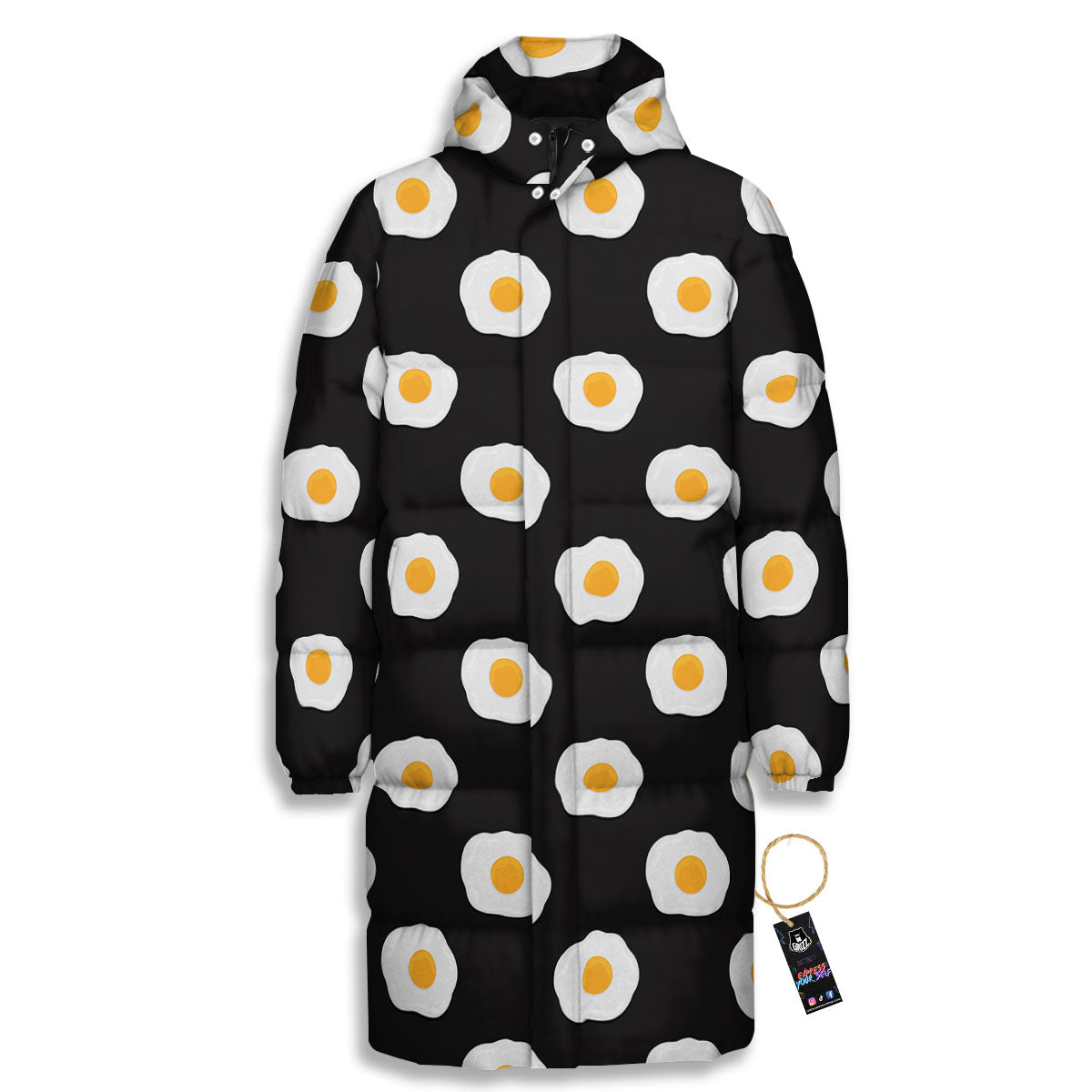 Eggs Black Fried Print Pattern Long Down Jacket-grizzshop