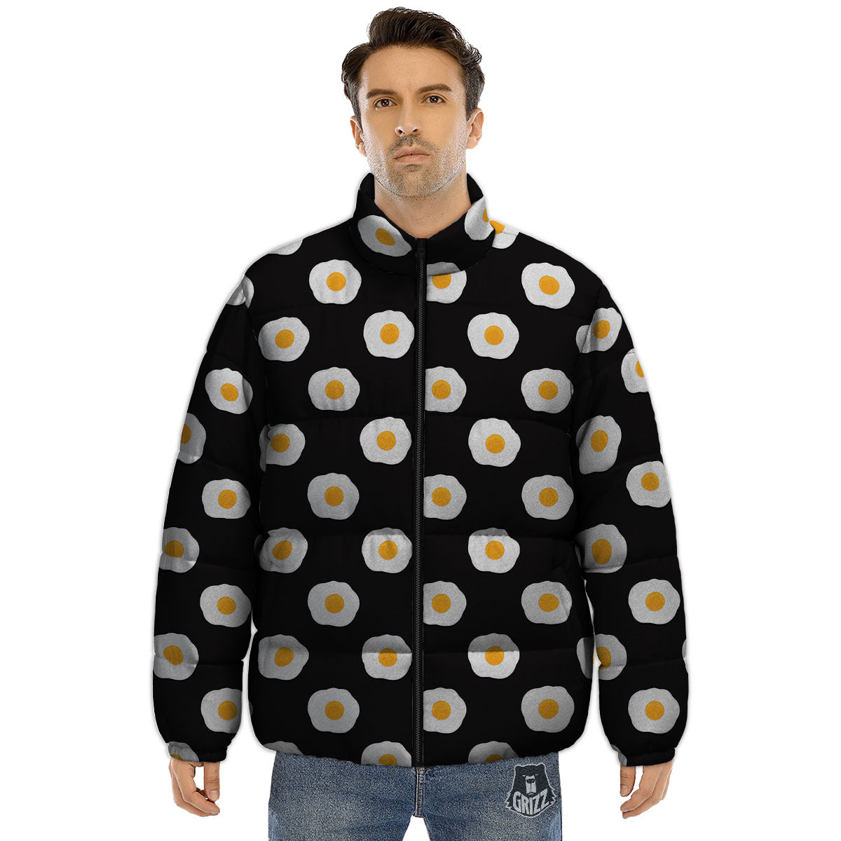 Eggs Black Fried Print Pattern Puffer Jacket-grizzshop