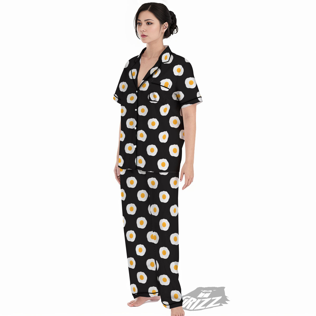 Eggs Black Fried Print Pattern Women's Pajamas Set-grizzshop