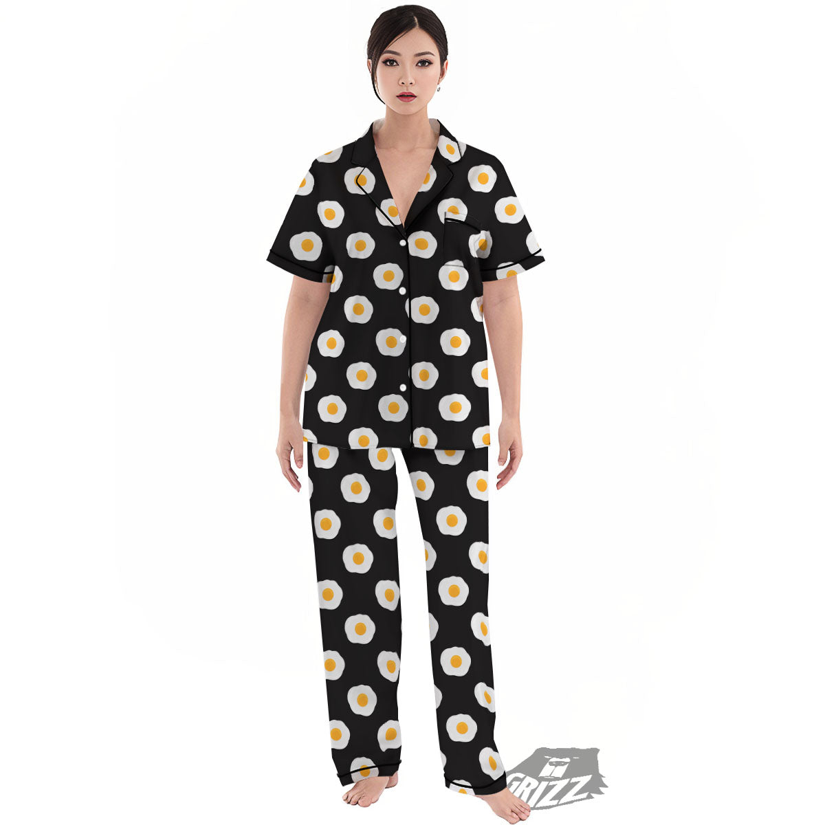 Eggs Black Fried Print Pattern Women's Pajamas Set-grizzshop
