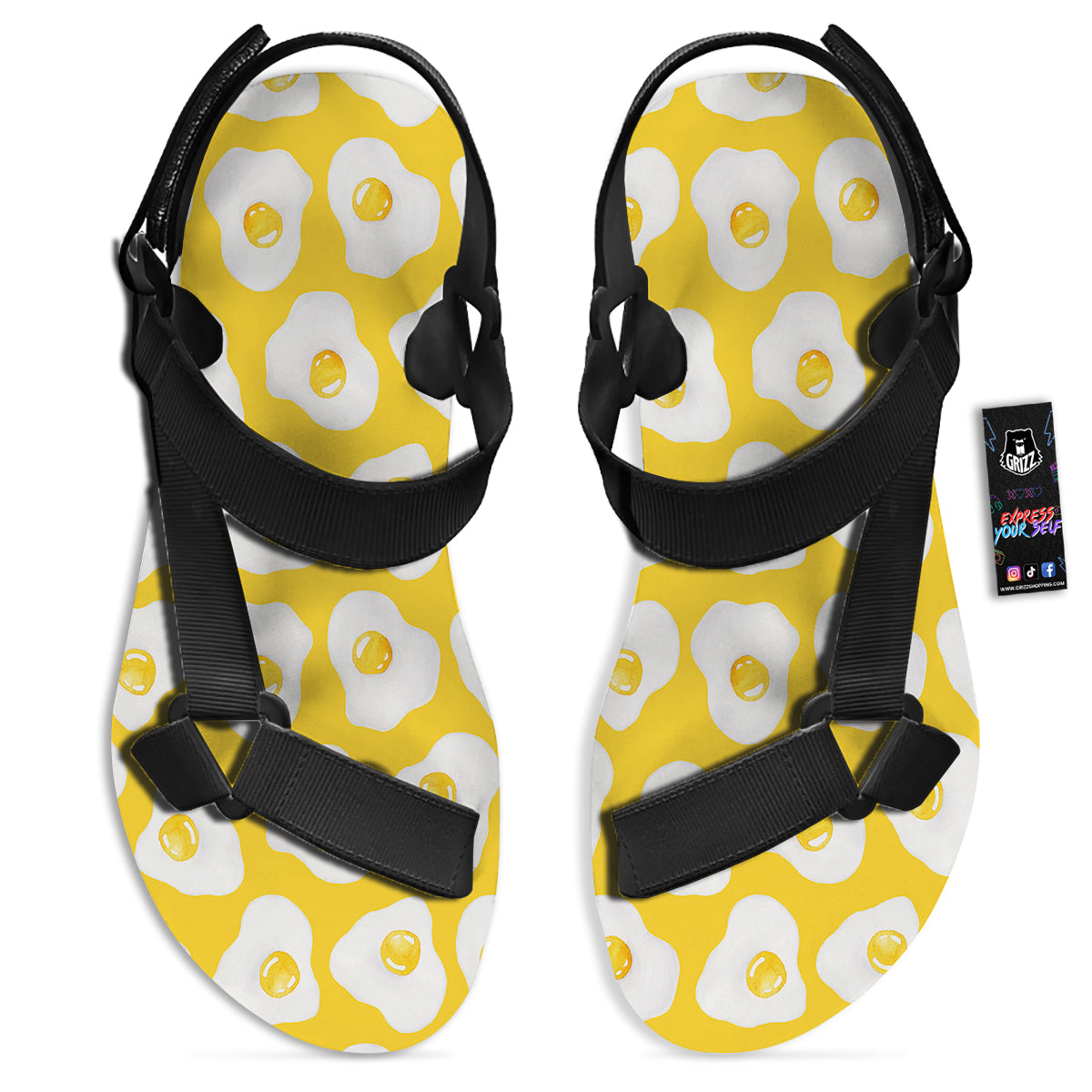 Eggs Yellow Print Pattern Black Open Toe Sandals-grizzshop