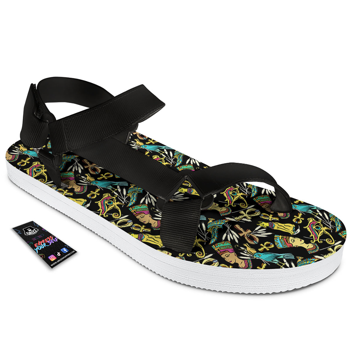 Egypt Ancient Print Pattern Black Open Toe Sandals-grizzshop