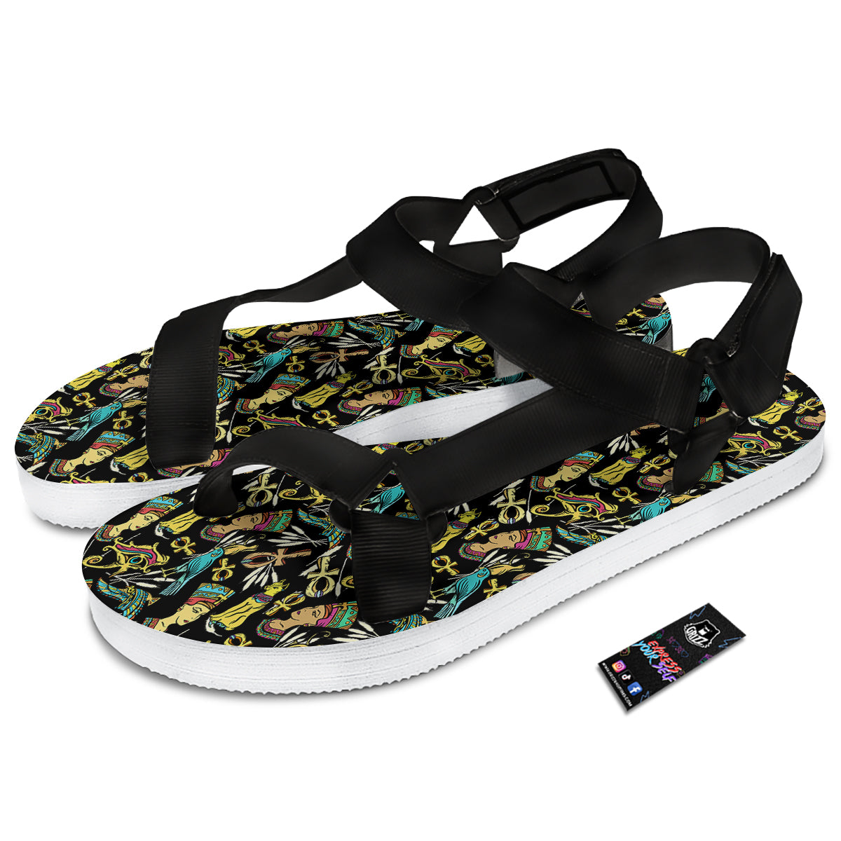Egypt Ancient Print Pattern Black Open Toe Sandals-grizzshop