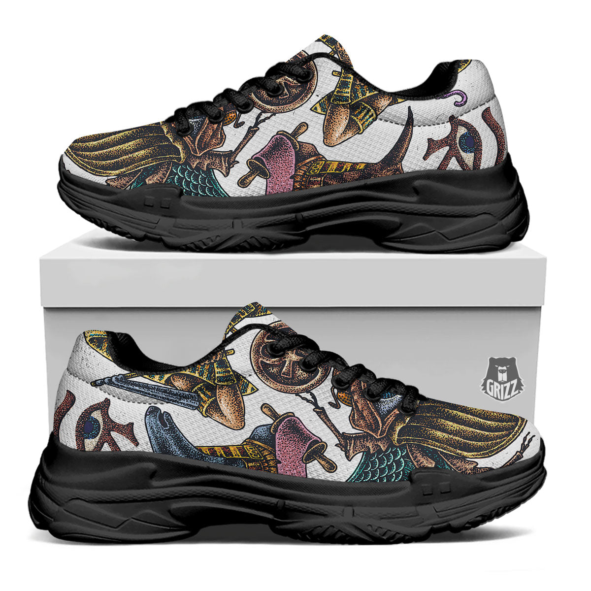 Egypt Hand Drawn Print Black Chunky Shoes-grizzshop