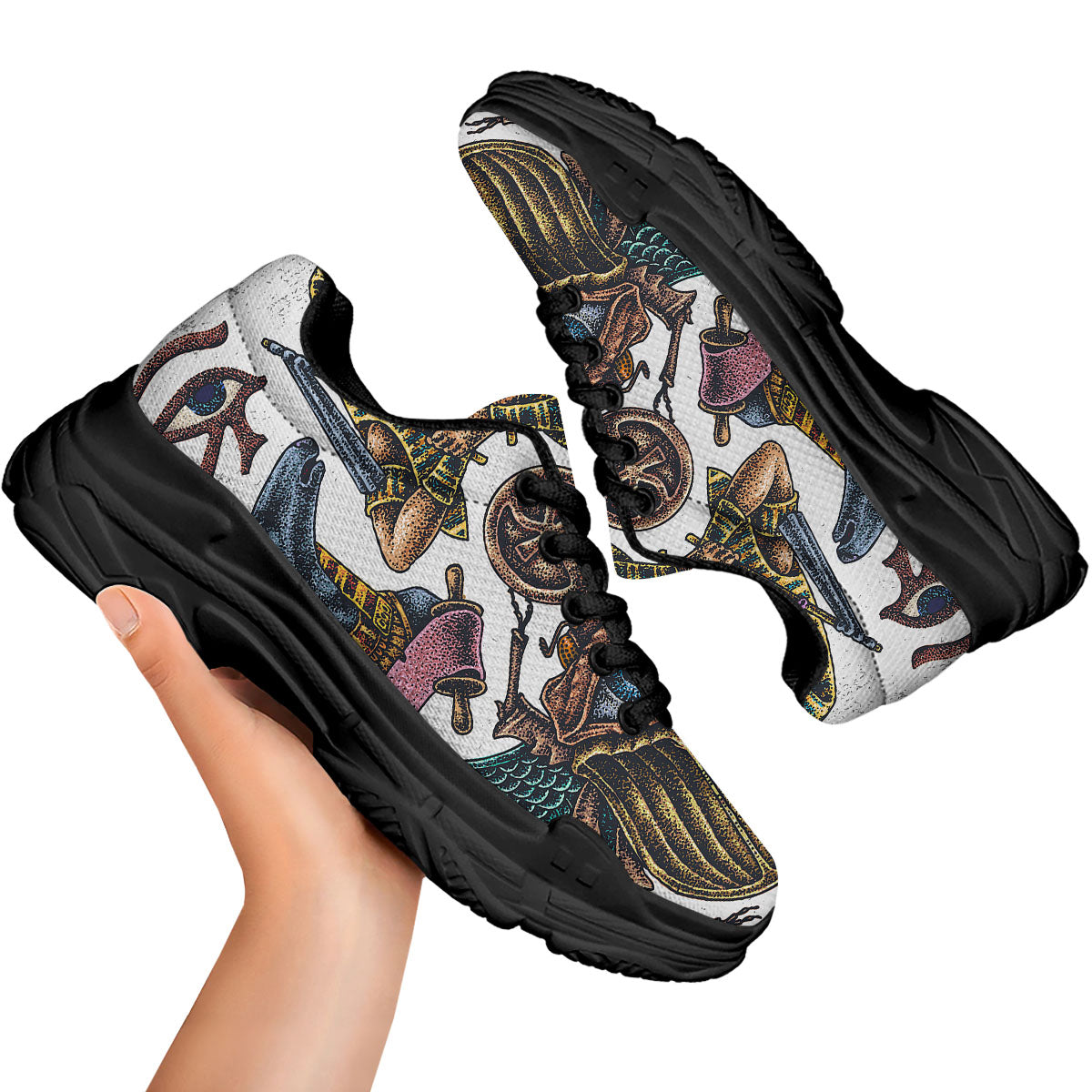 Egypt Hand Drawn Print Black Chunky Shoes-grizzshop