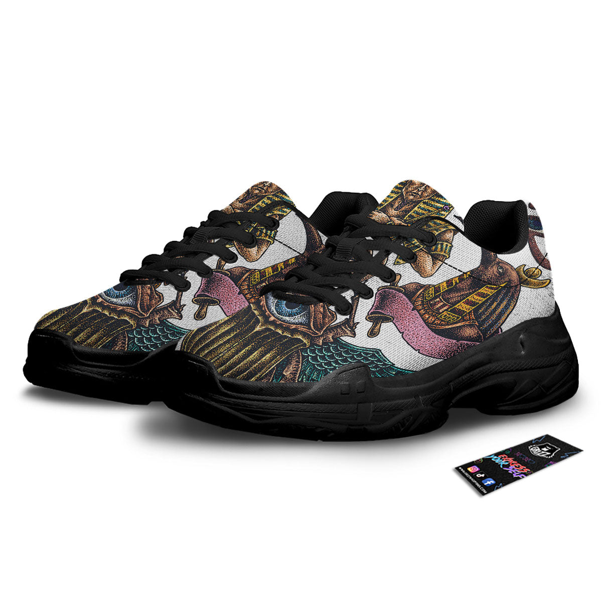 Egypt Hand Drawn Print Black Chunky Shoes-grizzshop