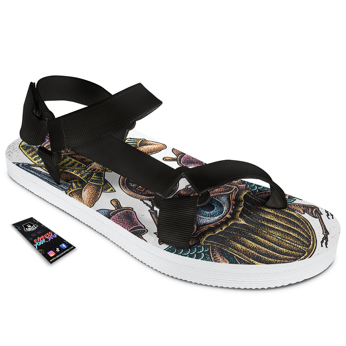 Egypt Hand Drawn Print Black Open Toe Sandals-grizzshop