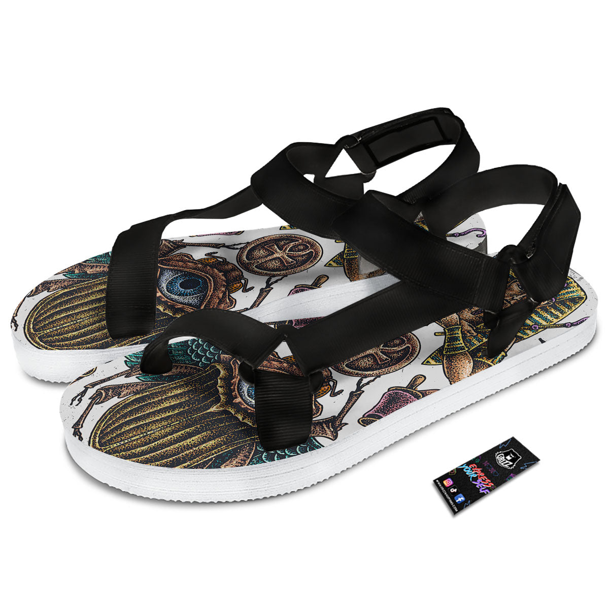 Egypt Hand Drawn Print Black Open Toe Sandals-grizzshop