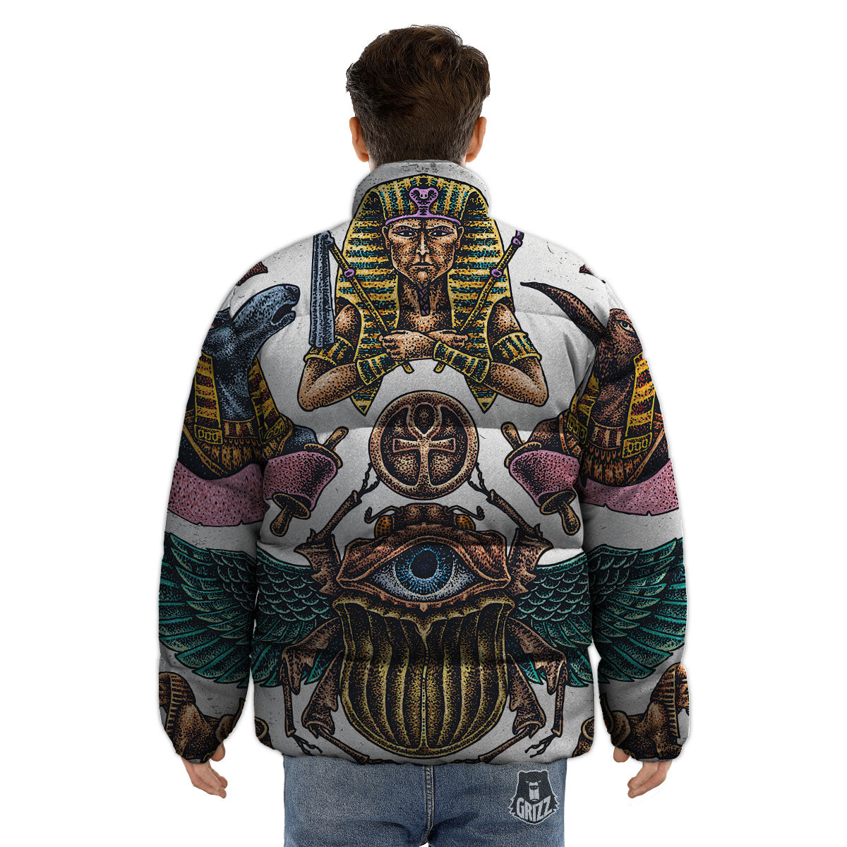 Egypt Hand Drawn Print Puffer Jacket-grizzshop