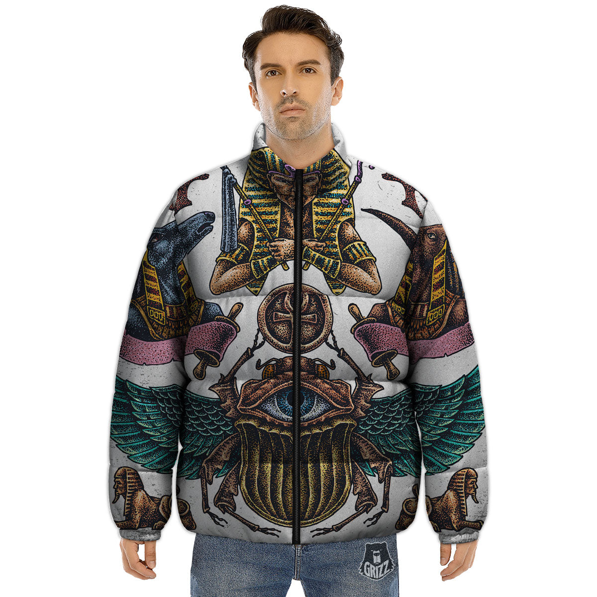Egypt Hand Drawn Print Puffer Jacket-grizzshop