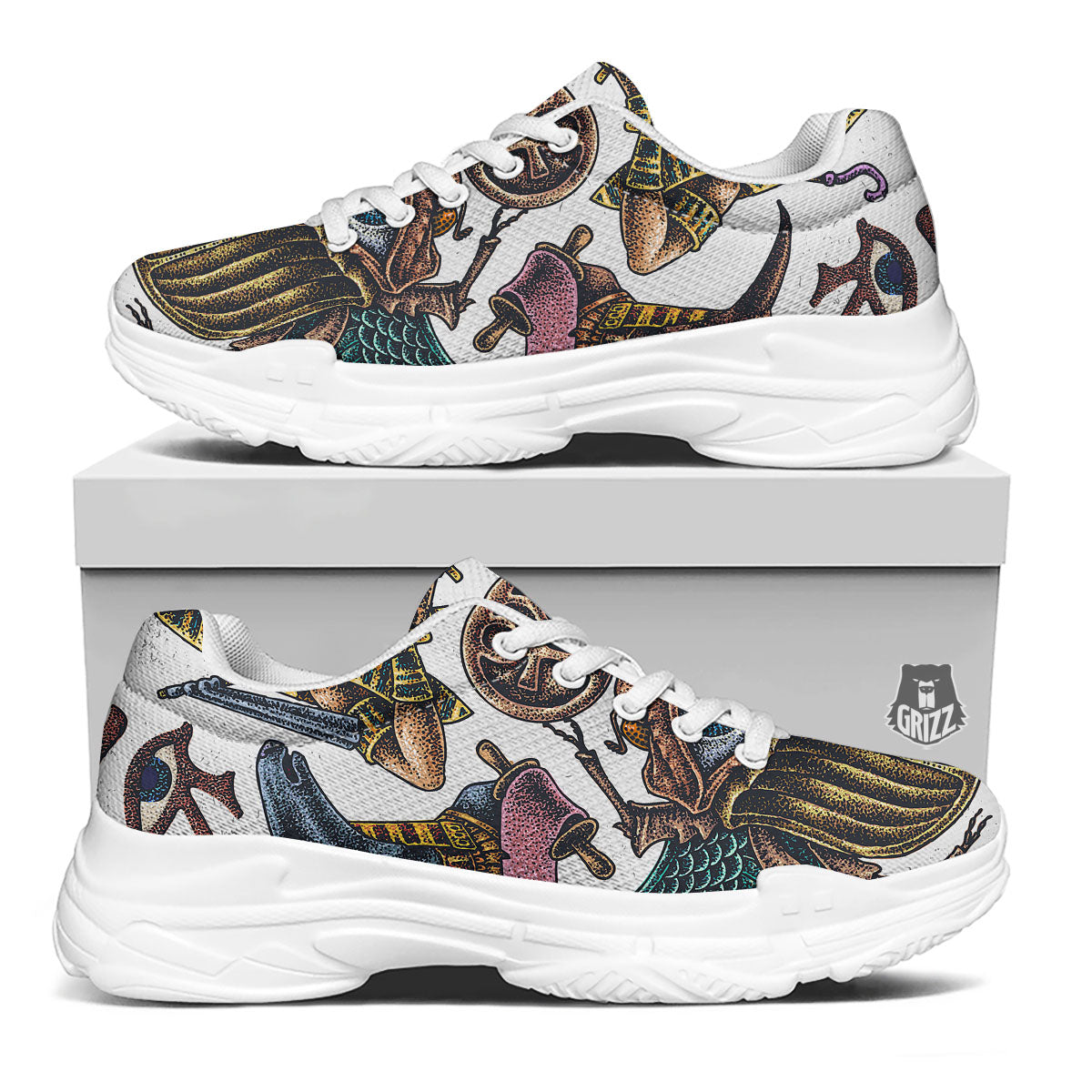 Egypt Hand Drawn Print White Chunky Shoes-grizzshop