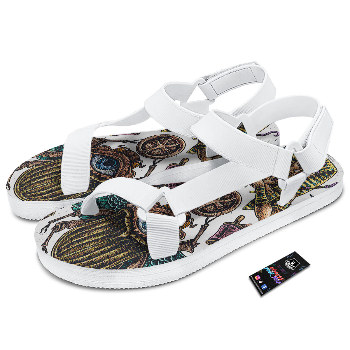 Egypt Hand Drawn Print White Open Toe Sandals-grizzshop