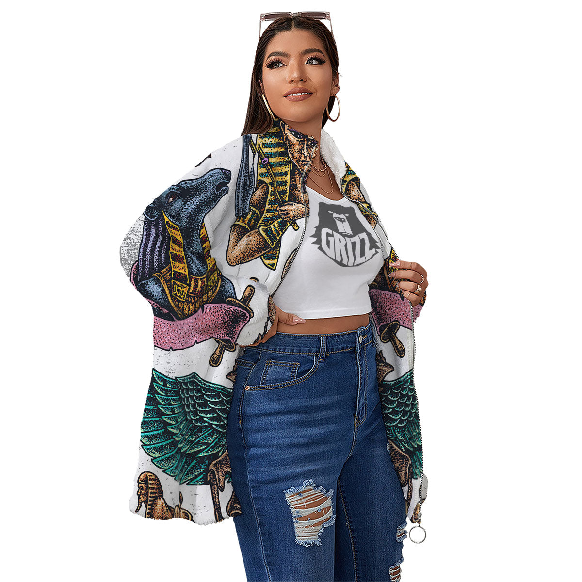 Egypt Hand Drawn Print Women's Sherpa Jacket-grizzshop