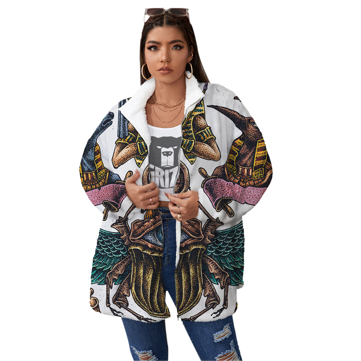 Egypt Hand Drawn Print Women's Sherpa Jacket-grizzshop