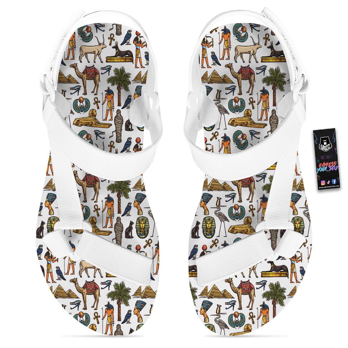 Egypt Religion Symbols Print Pattern White Open Toe Sandals-grizzshop