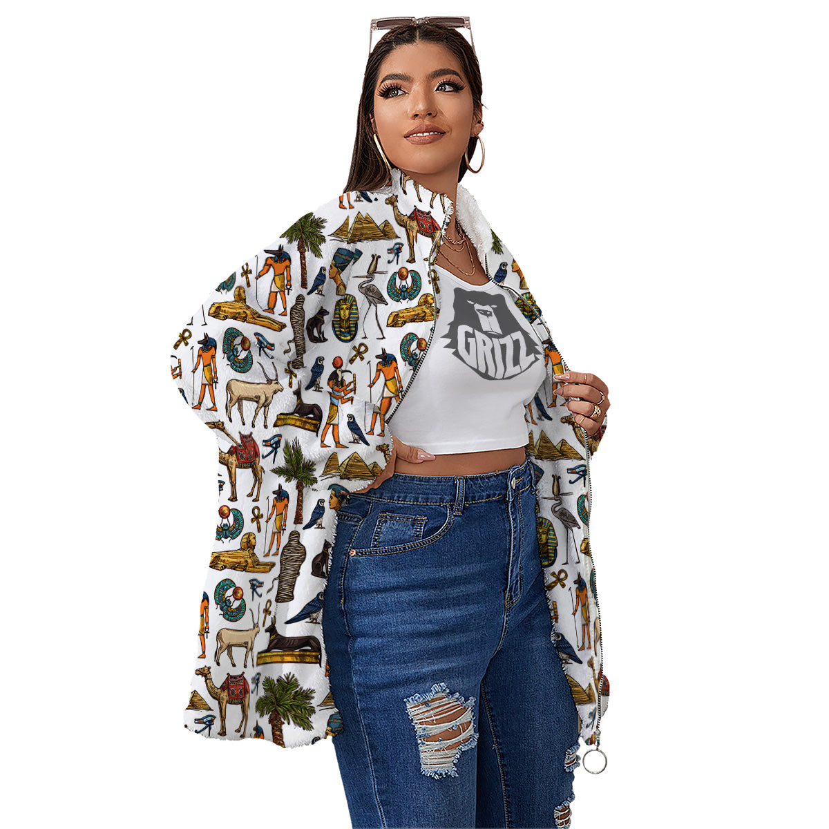 Egypt Religion Symbols Print Pattern Women's Sherpa Jacket-grizzshop