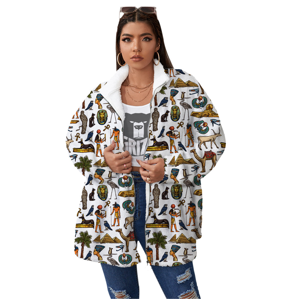 Egypt Religion Symbols Print Pattern Women's Sherpa Jacket-grizzshop