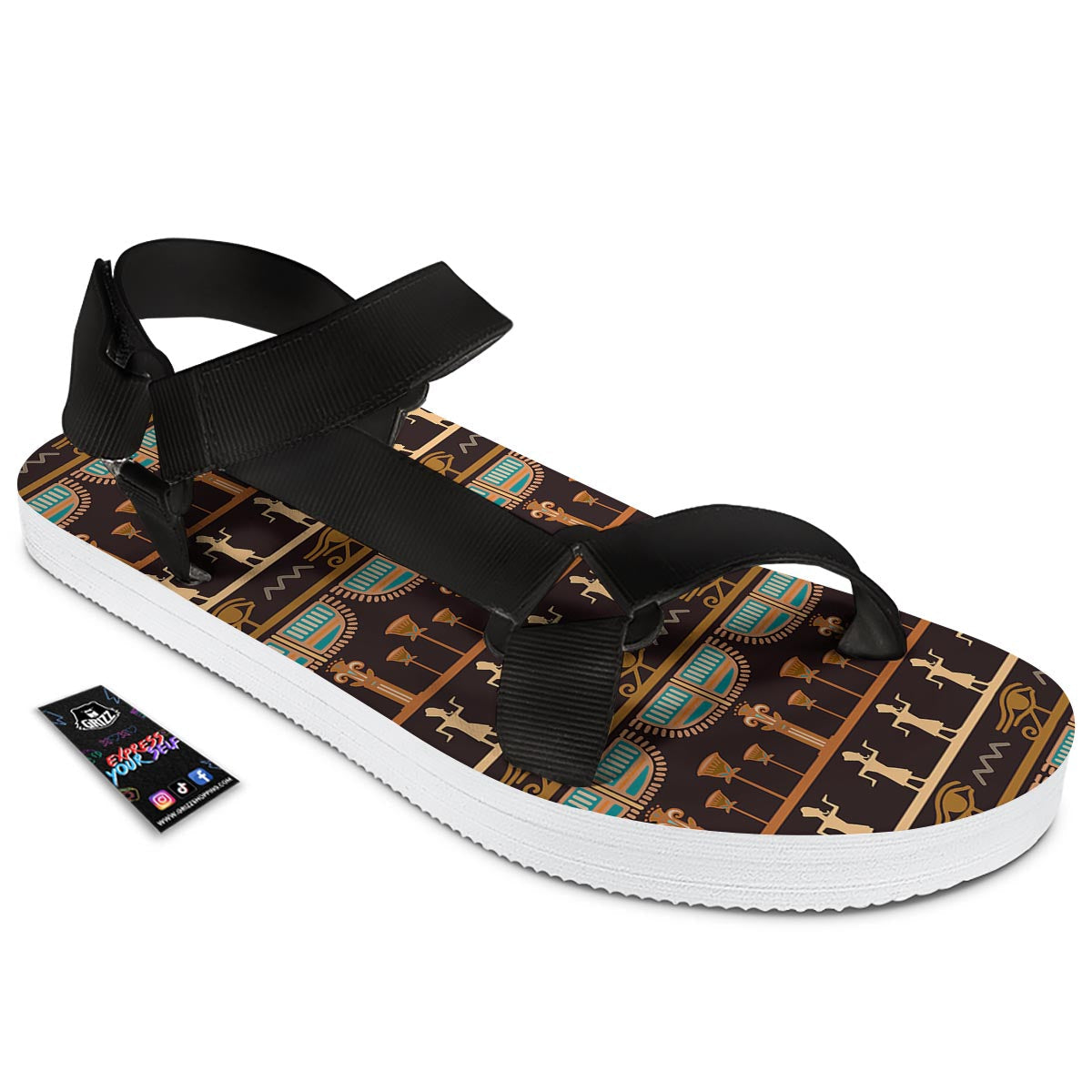 Egypt Tribal Print Pattern Black Open Toe Sandals-grizzshop