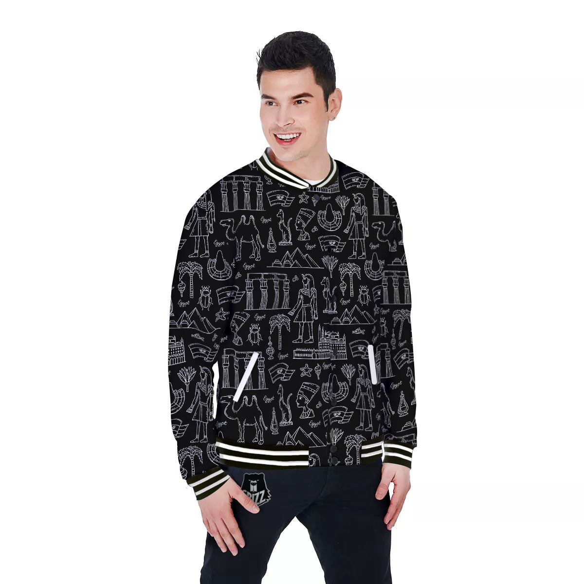 Egypt White And Black Print Pattern Baseball Jacket-grizzshop