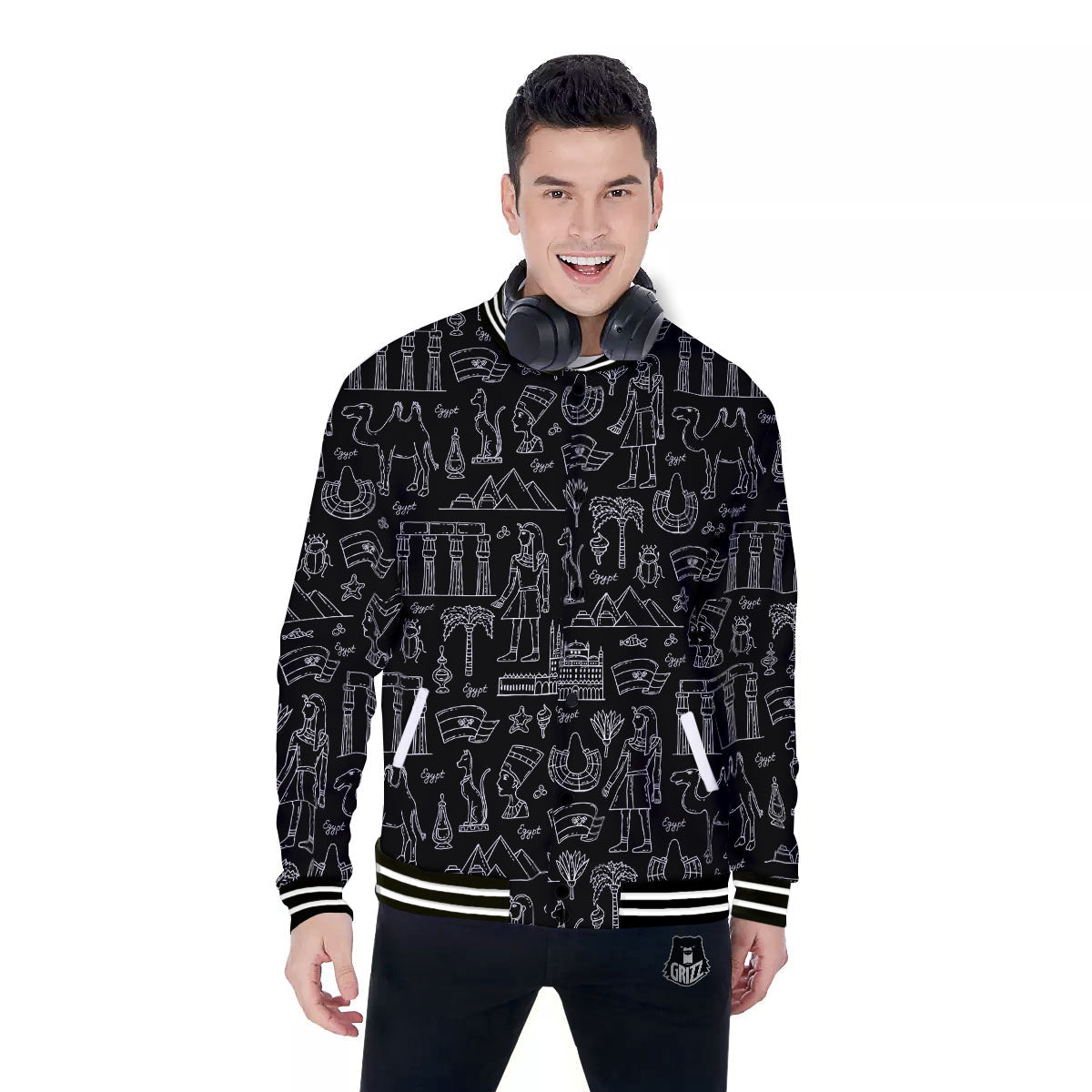 Egypt White And Black Print Pattern Baseball Jacket-grizzshop