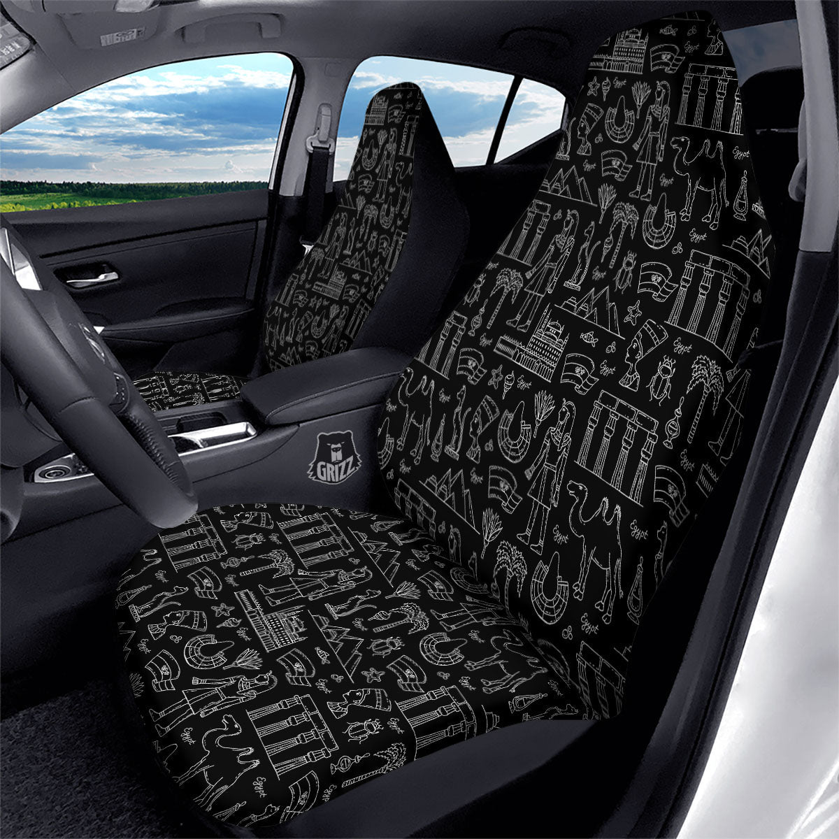 Egypt White And Black Print Pattern Car Seat Covers-grizzshop