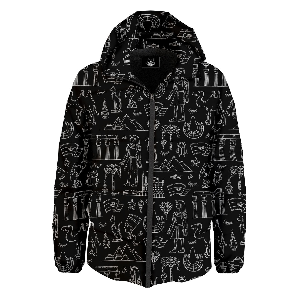 Egypt White And Black Print Pattern Down Jacket-grizzshop