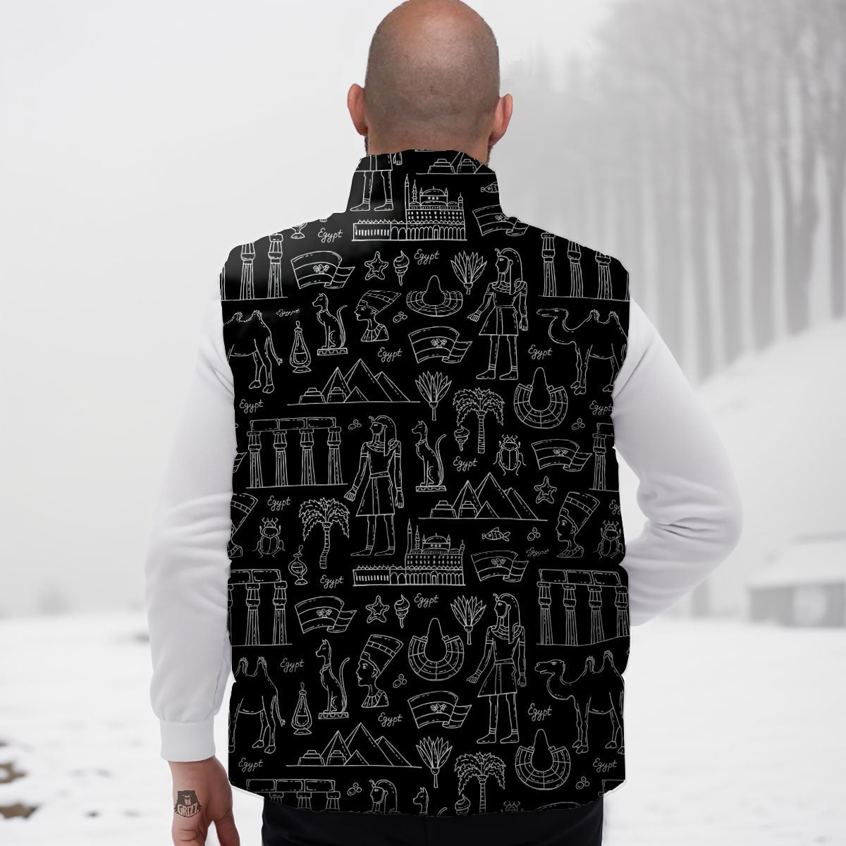 Egypt White And Black Print Pattern Down Vest