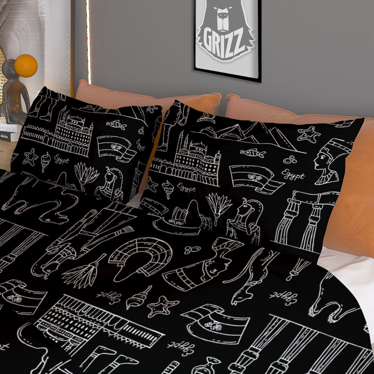 Egypt White And Black Print Pattern Duvet Cover Bedding Set