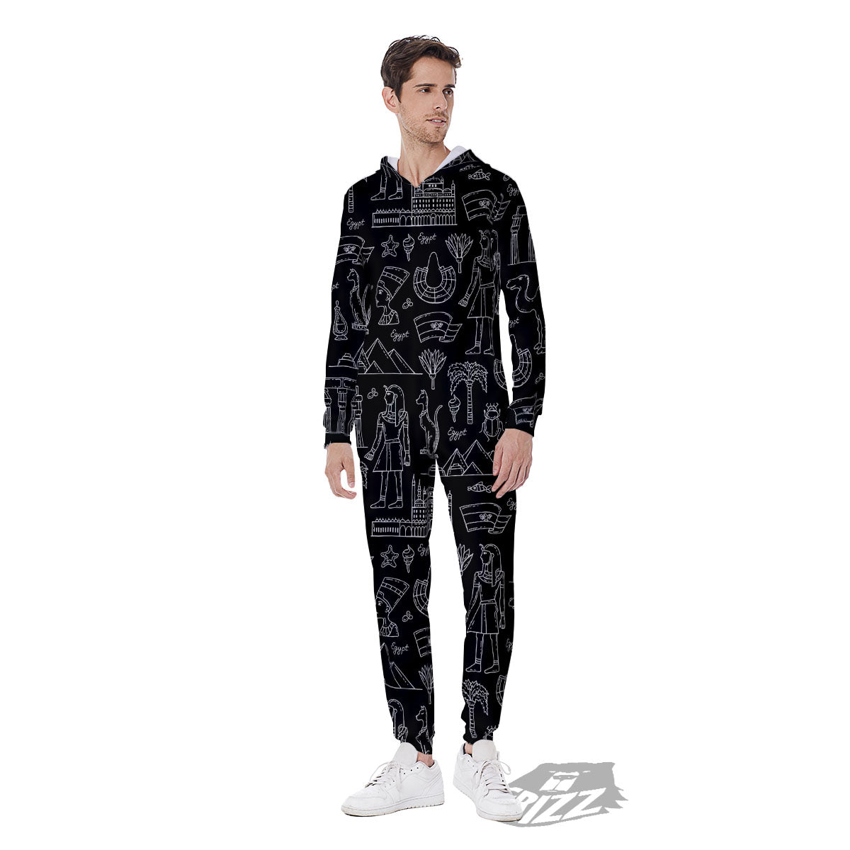 Egypt White And Black Print Pattern Men's Jumpsuit-grizzshop