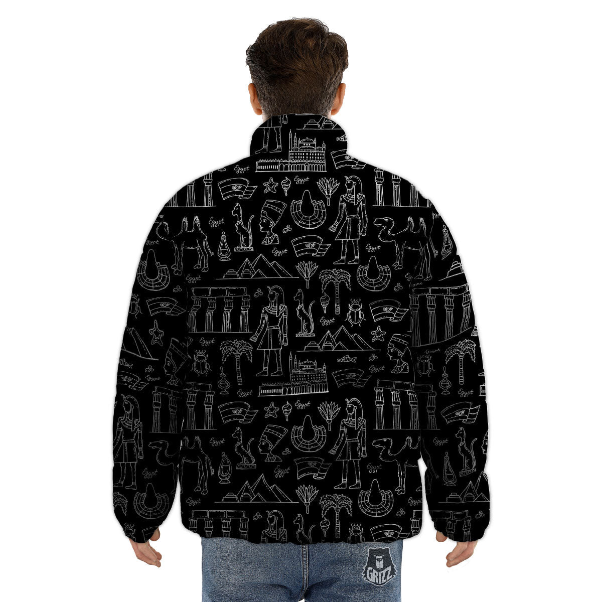Egypt White And Black Print Pattern Puffer Jacket-grizzshop